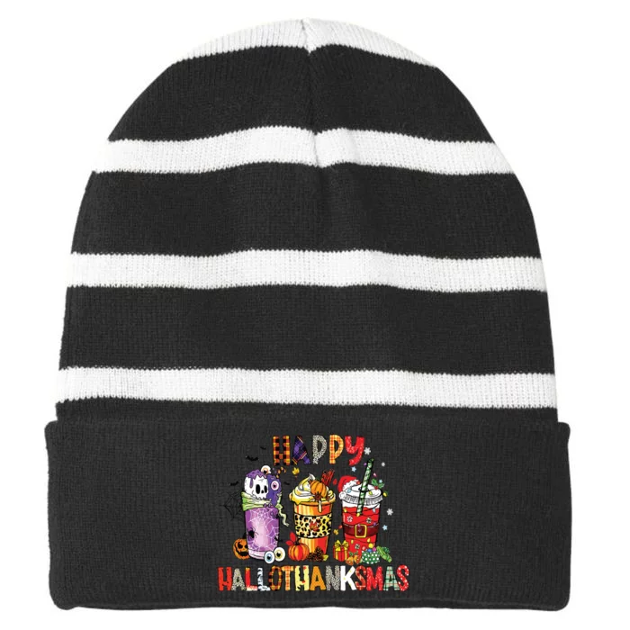 Happy Hallothanksmas Coffee Latte Halloween Thanksgiving Striped Beanie with Solid Band