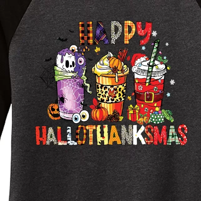 Happy Hallothanksmas Coffee Latte Halloween Thanksgiving Women's Tri-Blend 3/4-Sleeve Raglan Shirt