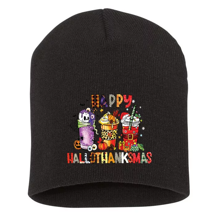 Happy Hallothanksmas Coffee Latte Halloween Thanksgiving Short Acrylic Beanie