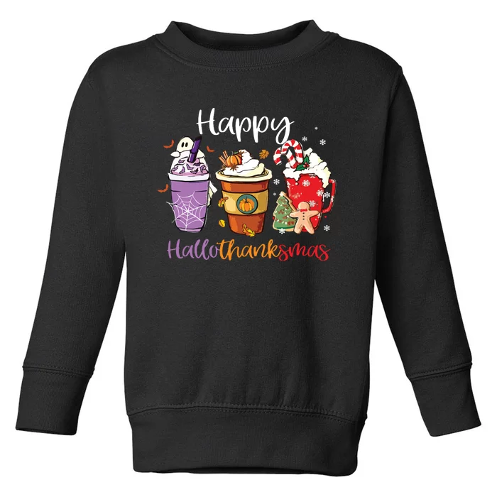 Happy Hallothanksmas Coffee Latte Halloween Thanksgiving Long Sleeve Toddler Sweatshirt