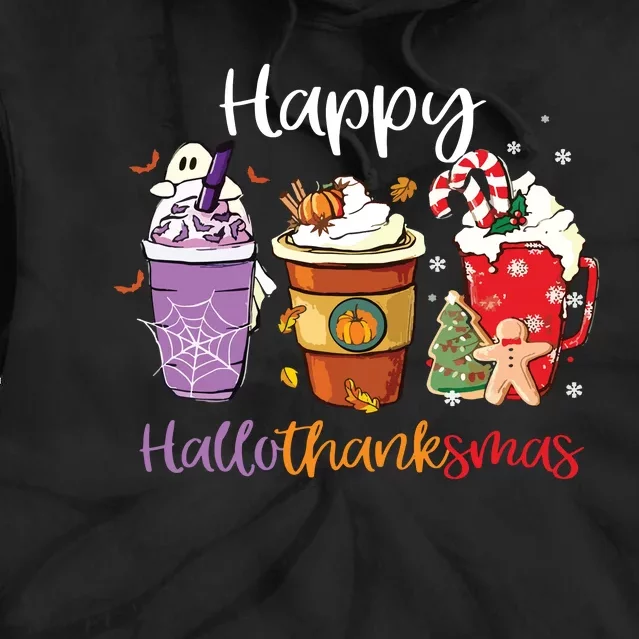 Happy Hallothanksmas Coffee Latte Halloween Thanksgiving Long Sleeve Tie Dye Hoodie