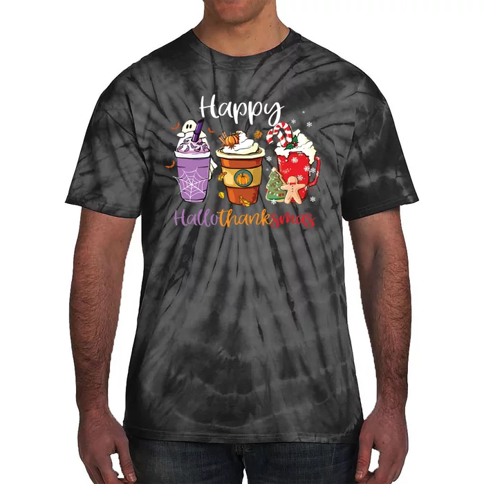 Happy Hallothanksmas Coffee Latte Halloween Thanksgiving Long Sleeve Tie-Dye T-Shirt