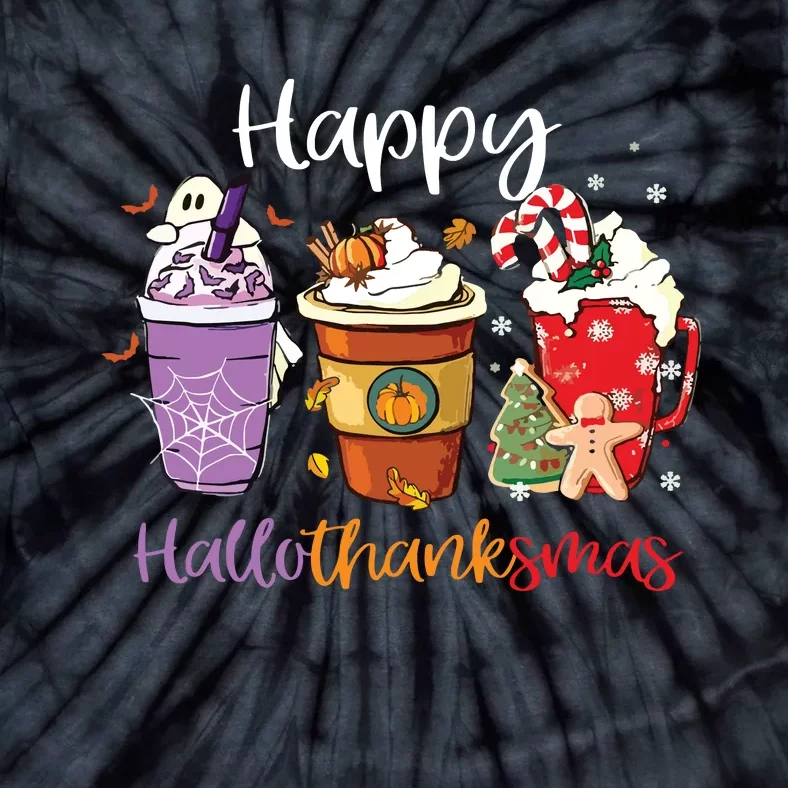 Happy Hallothanksmas Coffee Latte Halloween Thanksgiving Long Sleeve Tie-Dye T-Shirt