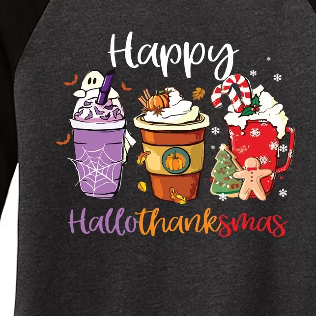 Happy Hallothanksmas Coffee Latte Halloween Thanksgiving Long Sleeve Women's Tri-Blend 3/4-Sleeve Raglan Shirt