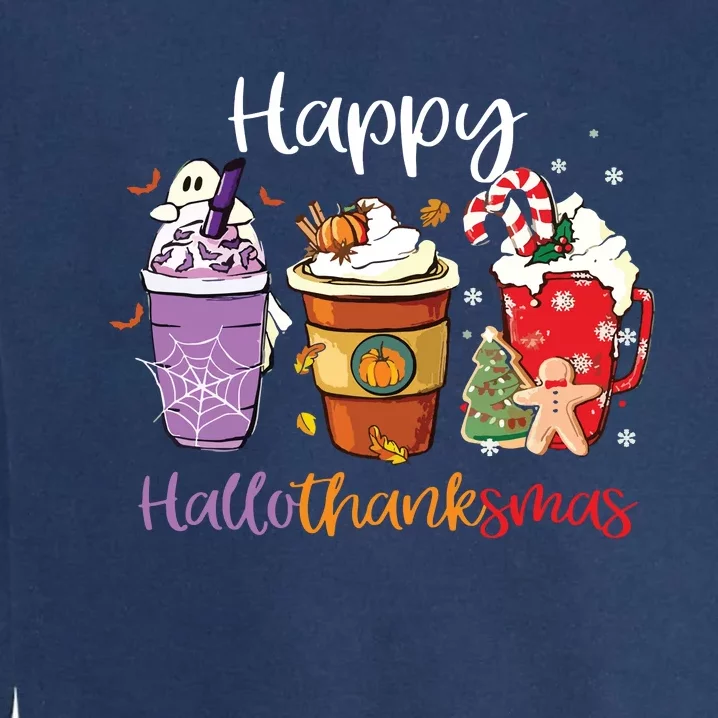 Happy Hallothanksmas Coffee Latte Halloween Thanksgiving Long Sleeve Garment-Dyed Sweatshirt