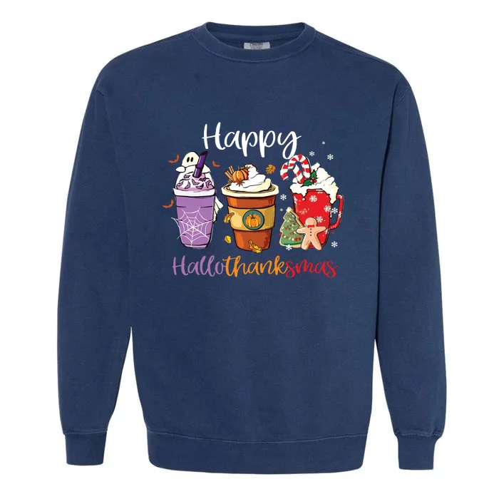 Happy Hallothanksmas Coffee Latte Halloween Thanksgiving Long Sleeve Garment-Dyed Sweatshirt