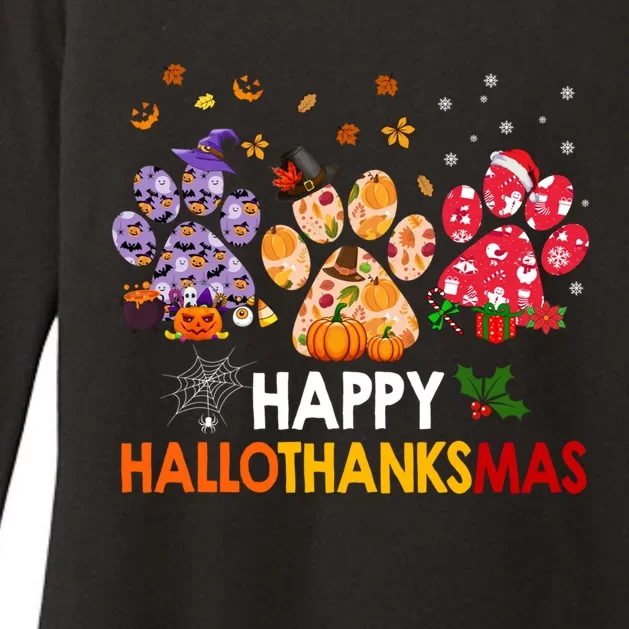 Happy Hallothanksmas Cat Dog Paw Print Halloween Christmas Cute Gift Womens CVC Long Sleeve Shirt