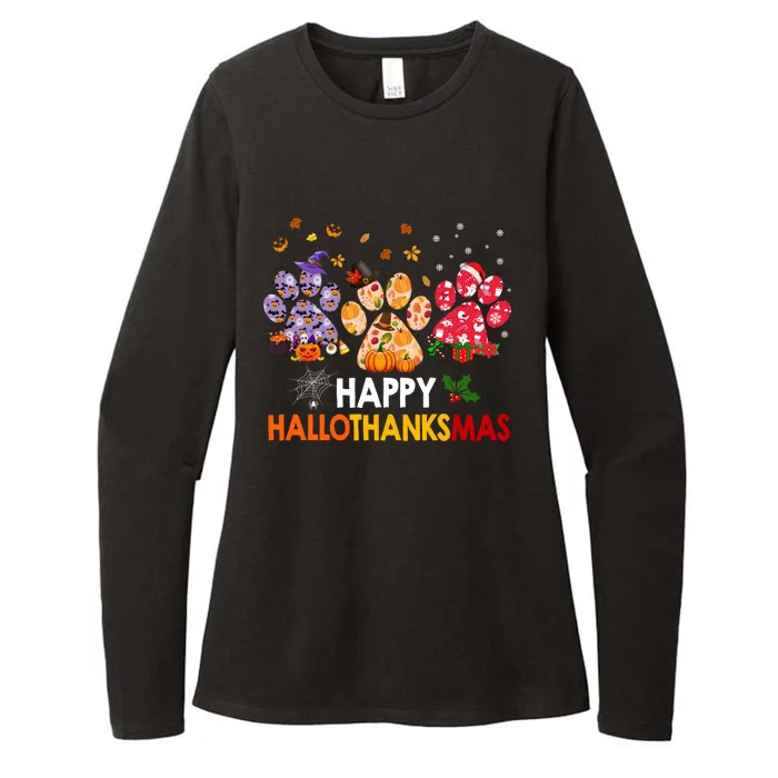 Happy Hallothanksmas Cat Dog Paw Print Halloween Christmas Cute Gift Womens CVC Long Sleeve Shirt