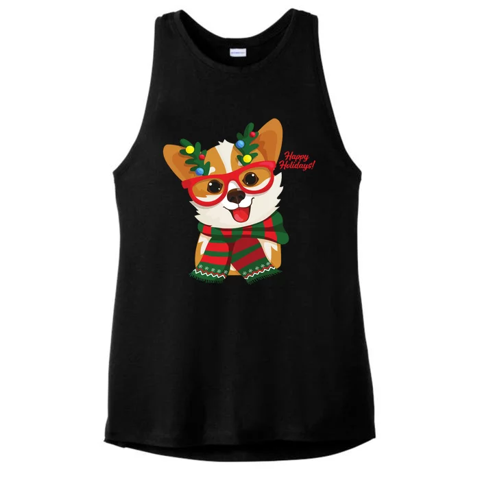 Happy Holidays Cute Corgi Dog Lover Ladies Tri-Blend Wicking Tank