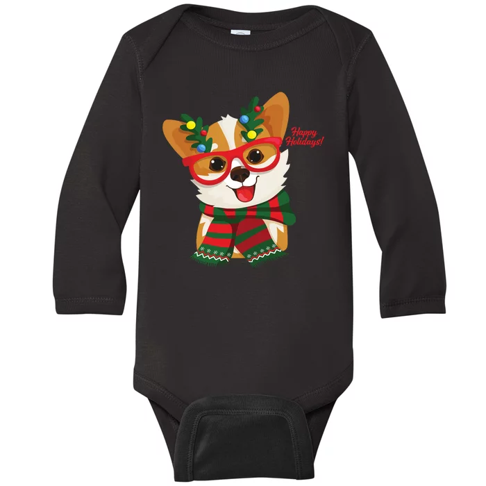 Happy Holidays Cute Corgi Dog Lover Baby Long Sleeve Bodysuit