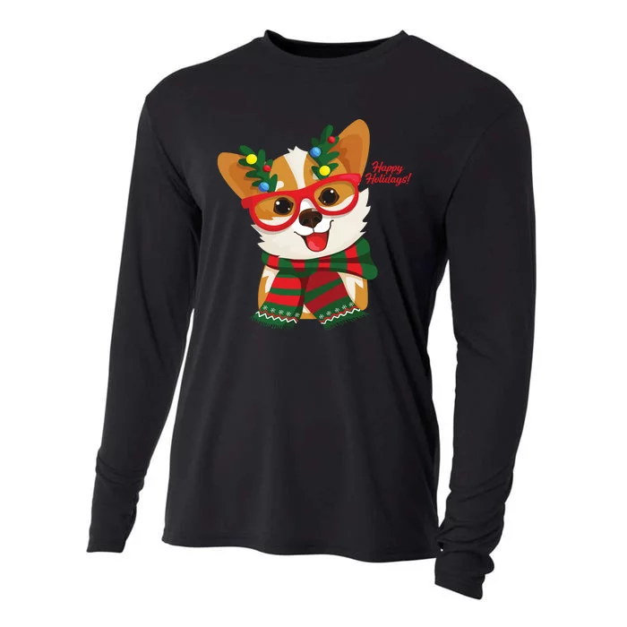 Happy Holidays Cute Corgi Dog Lover Cooling Performance Long Sleeve Crew