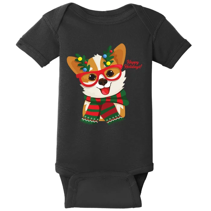 Happy Holidays Cute Corgi Dog Lover Baby Bodysuit