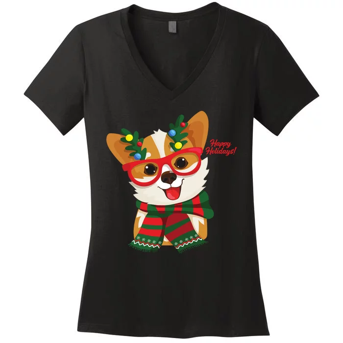 Happy Holidays Cute Corgi Dog Lover Women's V-Neck T-Shirt