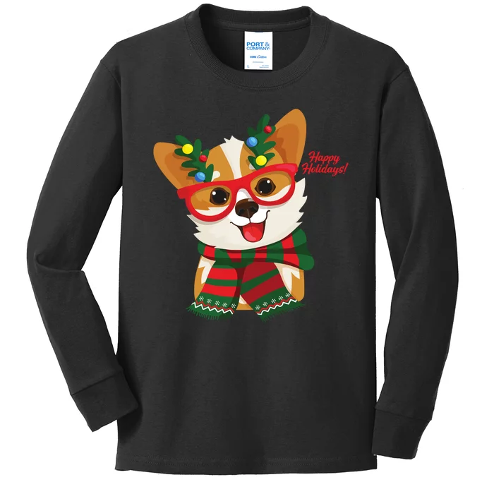 Happy Holidays Cute Corgi Dog Lover Kids Long Sleeve Shirt