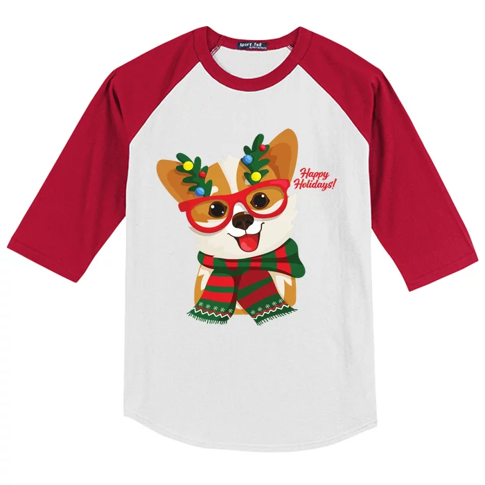 Happy Holidays Cute Corgi Dog Lover Kids Colorblock Raglan Jersey