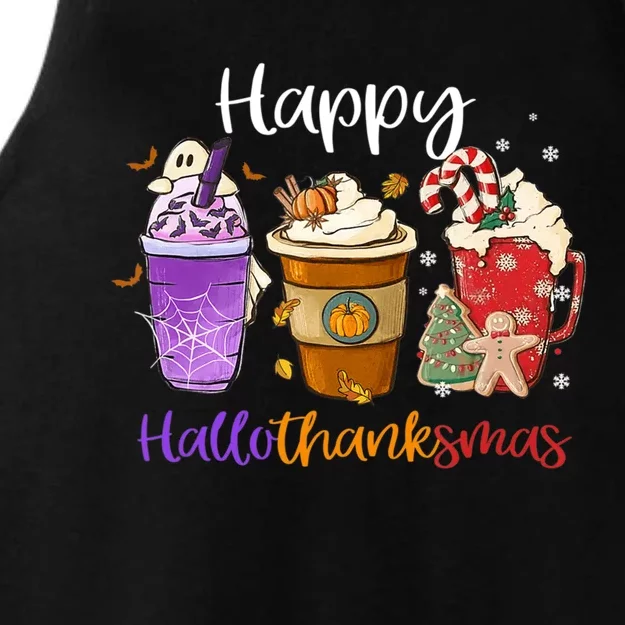 Happy Hallothanksmas Coffee Latte Halloween Thanksgiving Ladies Tri-Blend Wicking Tank