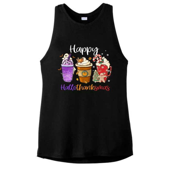 Happy Hallothanksmas Coffee Latte Halloween Thanksgiving Ladies Tri-Blend Wicking Tank