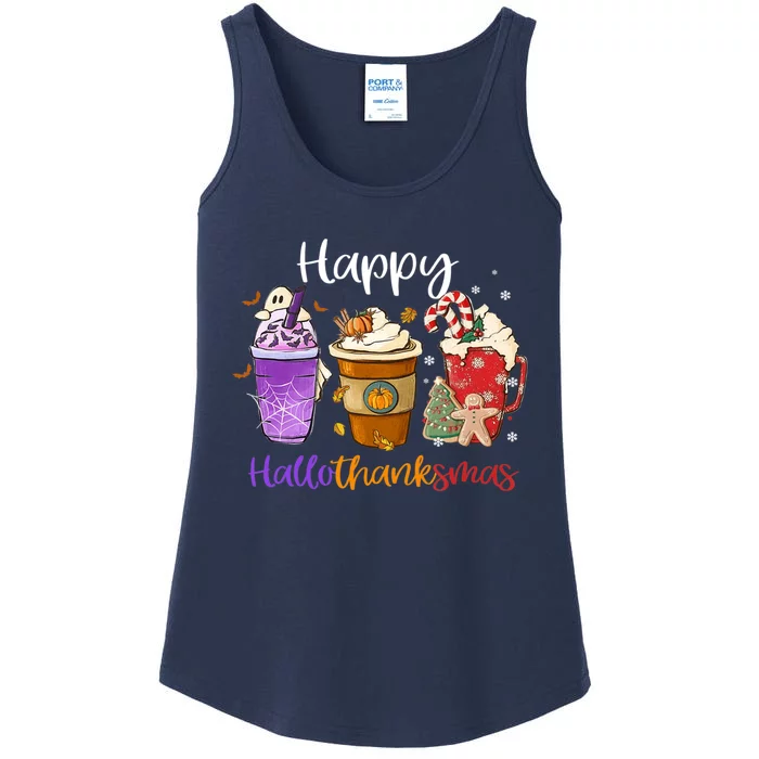 Happy Hallothanksmas Coffee Latte Halloween Thanksgiving Ladies Essential Tank