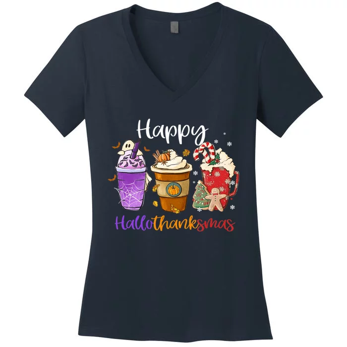 Happy Hallothanksmas Coffee Latte Halloween Thanksgiving Women's V-Neck T-Shirt