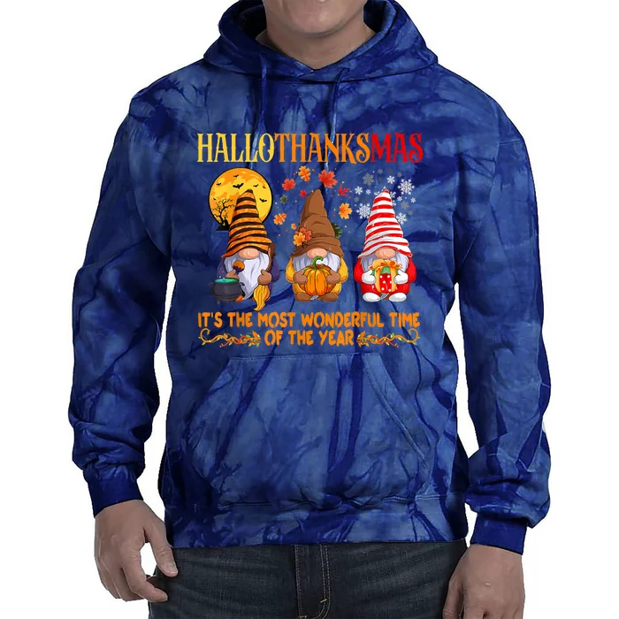 Happy Hallothanksmas Cute Gnomes Fall Halloween Tie Dye Hoodie