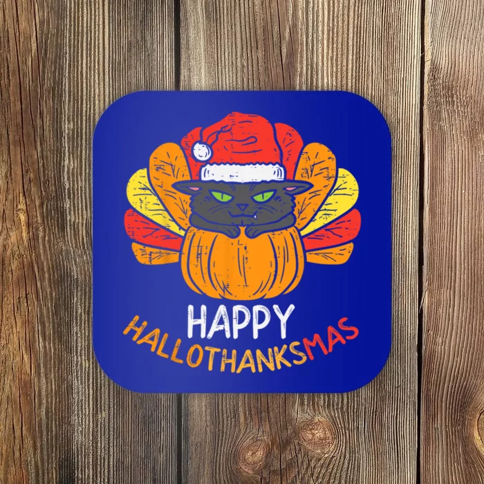 Happy Hallothanksmas Cat Turkey Cat Thanksgiving Christmas T Cute Gift Coaster