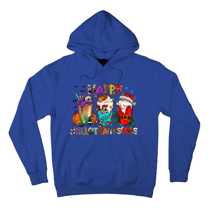 Happy Hallothanksmas Coffee Halloween Thanksgiving Christmas Great Gift Tall Hoodie