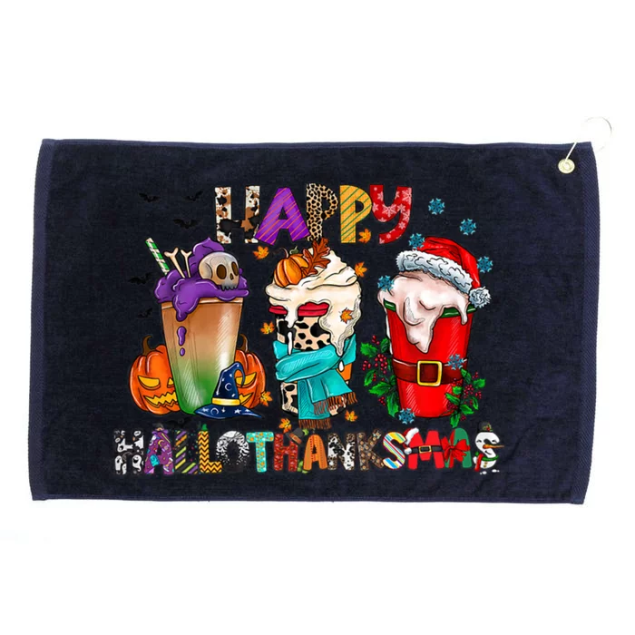 Happy Hallothanksmas Coffee Halloween Thanksgiving Christmas Great Gift Grommeted Golf Towel