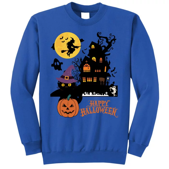 Haunted House Cat In Witch Hat And Mummy In Graveyard Gift Sweatshirt