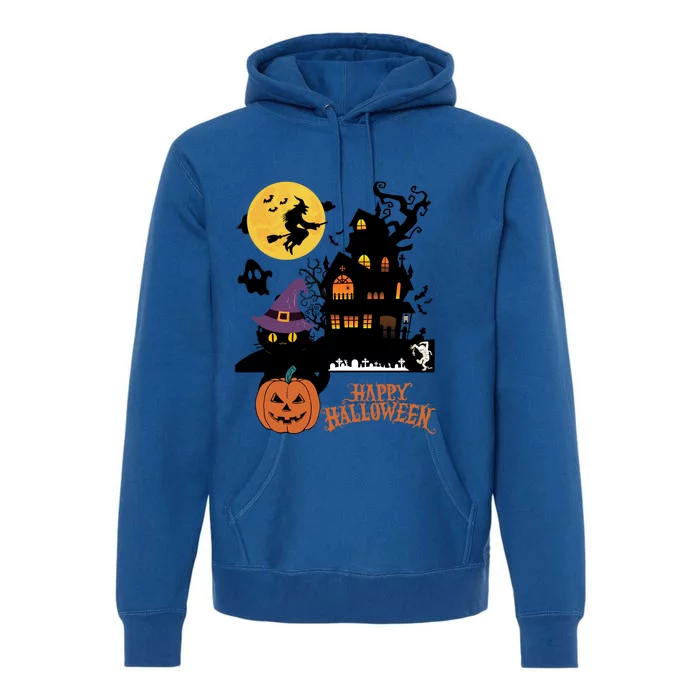 Haunted House Cat In Witch Hat And Mummy In Graveyard Gift Premium Hoodie