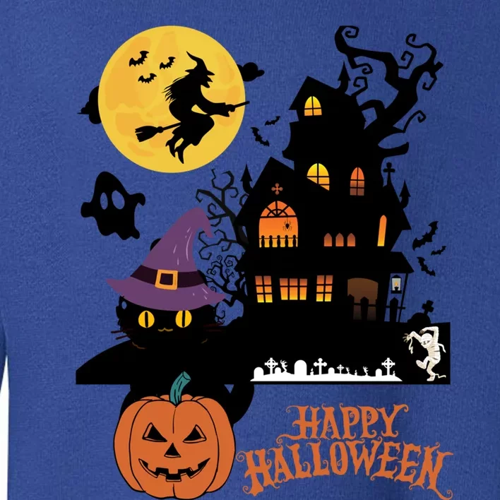 Haunted House Cat In Witch Hat And Mummy In Graveyard Gift Toddler Sweatshirt