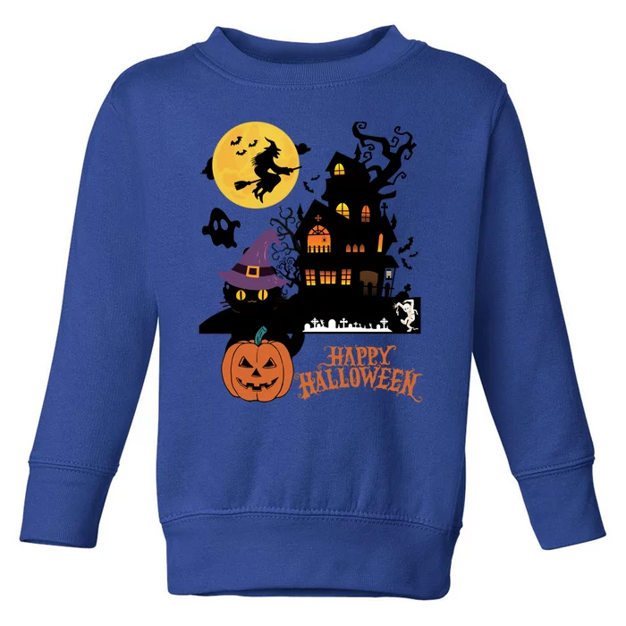 Haunted House Cat In Witch Hat And Mummy In Graveyard Gift Toddler Sweatshirt