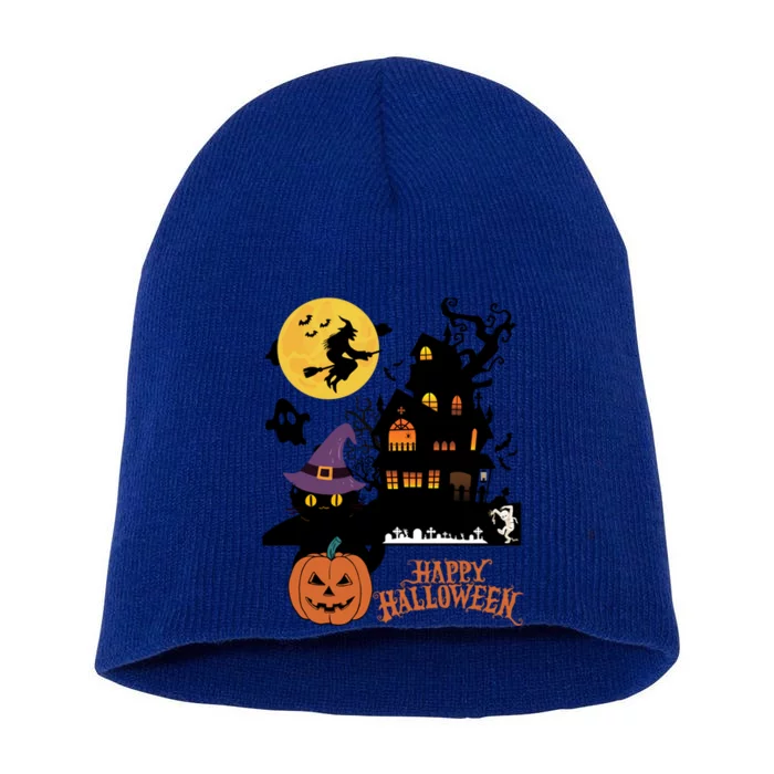 Haunted House Cat In Witch Hat And Mummy In Graveyard Gift Short Acrylic Beanie