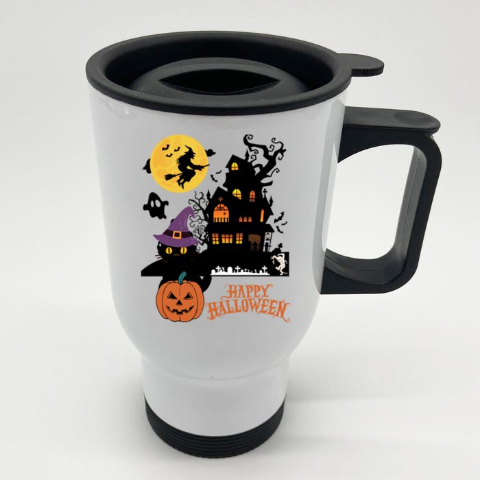 Haunted House Cat In Witch Hat And Mummy In Graveyard Gift Front & Back Stainless Steel Travel Mug