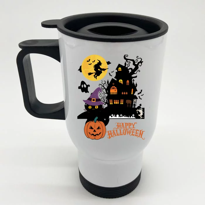 Haunted House Cat In Witch Hat And Mummy In Graveyard Gift Front & Back Stainless Steel Travel Mug