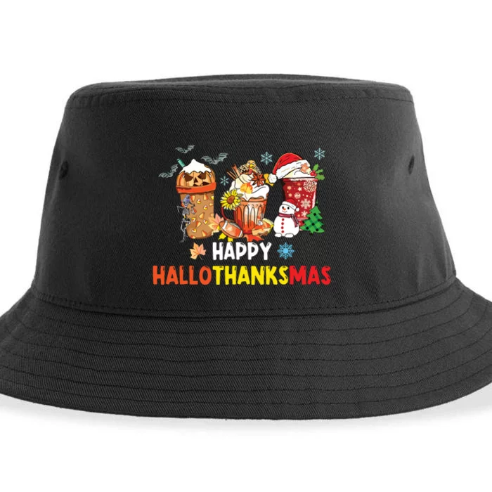 Happy Hallothanksmas Coffee Funny Halloween Christmas Sustainable Bucket Hat