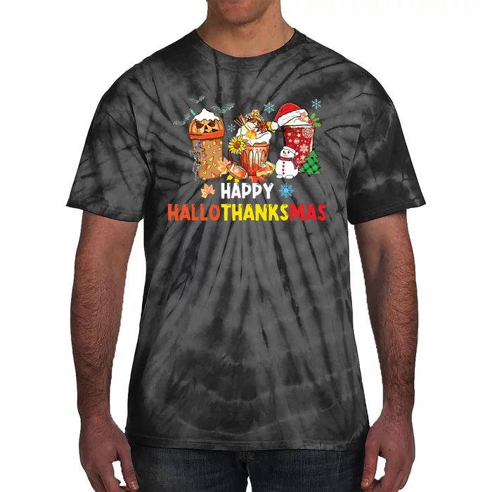 Happy Hallothanksmas Coffee Funny Halloween Christmas Tie-Dye T-Shirt