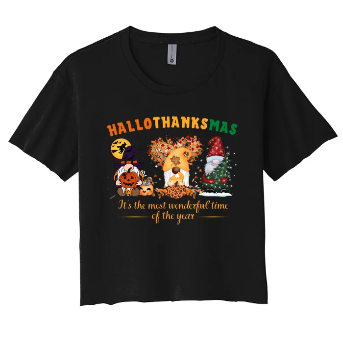 Happy Hallothanksmas Cute Gnomes Fall Halloween Wo Girl Women's Crop Top Tee