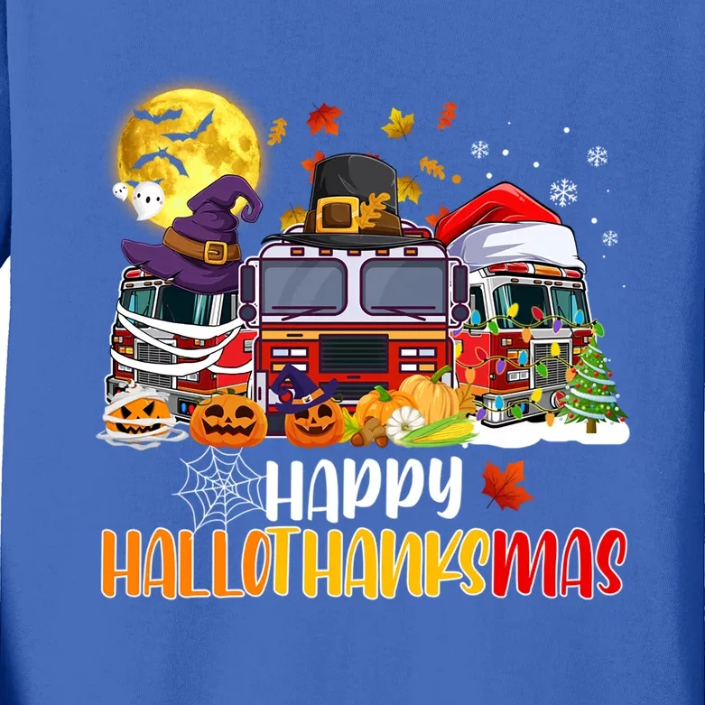 Happy Hallothanksmas Cute Fire Truck Funny Firefighter Gift Kids Long Sleeve Shirt