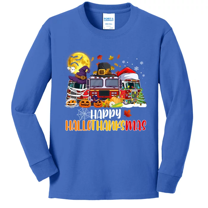 Happy Hallothanksmas Cute Fire Truck Funny Firefighter Gift Kids Long Sleeve Shirt