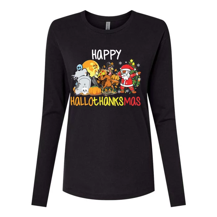 Happy Hallothanksmas Coffee Latte Halloween Thanksgiving Womens Cotton Relaxed Long Sleeve T-Shirt