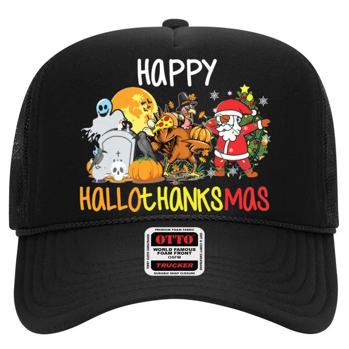 Happy Hallothanksmas Coffee Latte Halloween Thanksgiving High Crown Mesh Trucker Hat