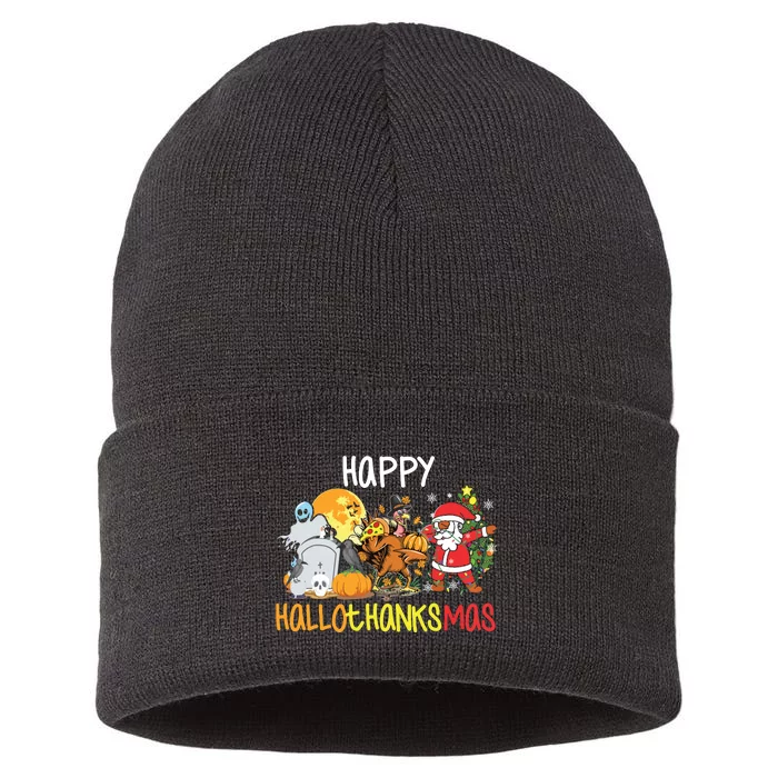 Happy Hallothanksmas Coffee Latte Halloween Thanksgiving Sustainable Knit Beanie