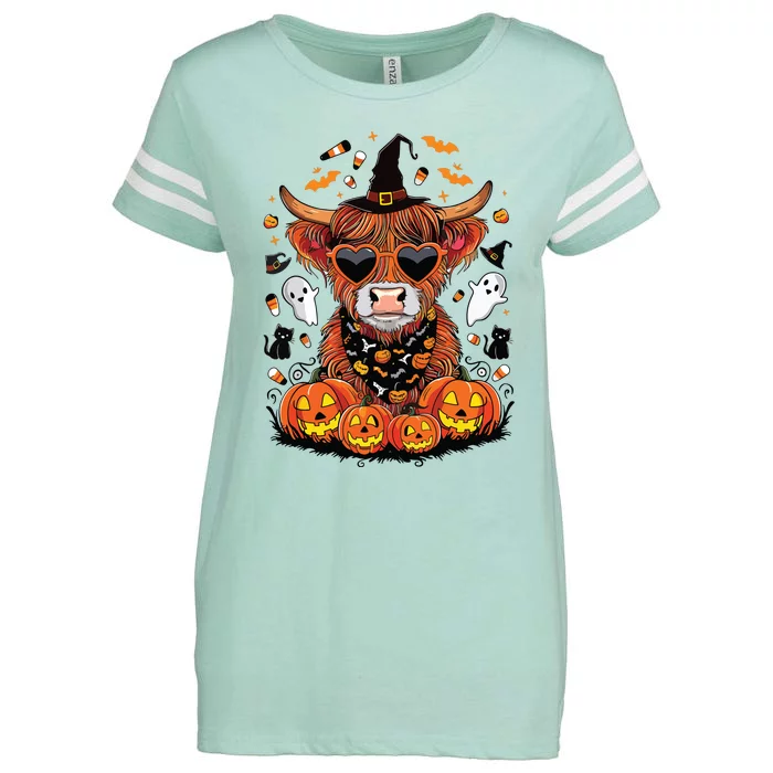 Halloween Highland Cow Farm Western Ghost Cow Witchy Pumpkin Enza Ladies Jersey Football T-Shirt