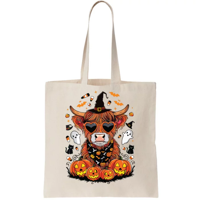 Halloween Highland Cow Farm Western Ghost Cow Witchy Pumpkin Tote Bag