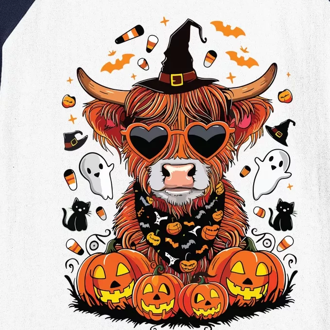 Halloween Highland Cow Farm Western Ghost Cow Witchy Pumpkin Baseball Sleeve Shirt