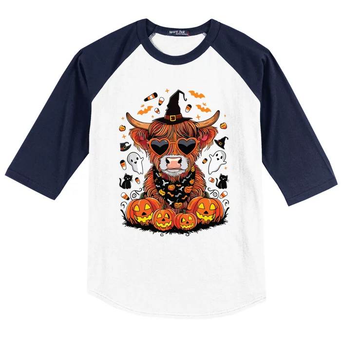 Halloween Highland Cow Farm Western Ghost Cow Witchy Pumpkin Baseball Sleeve Shirt