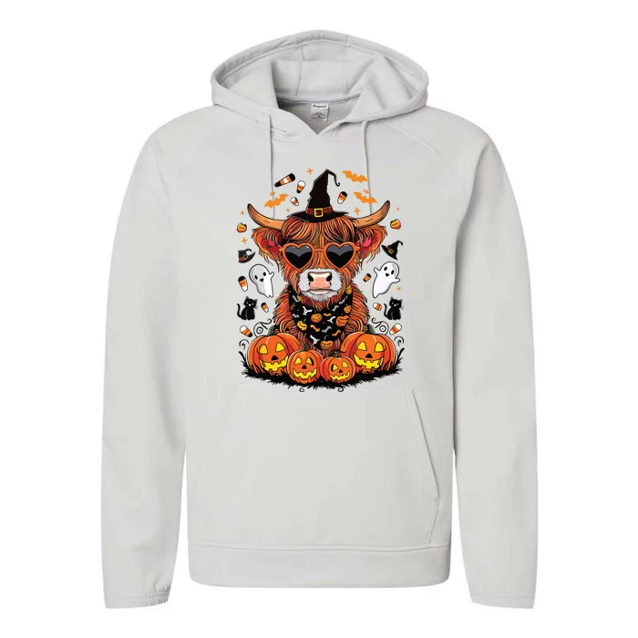 Halloween Highland Cow Farm Western Ghost Cow Witchy Pumpkin Performance Fleece Hoodie