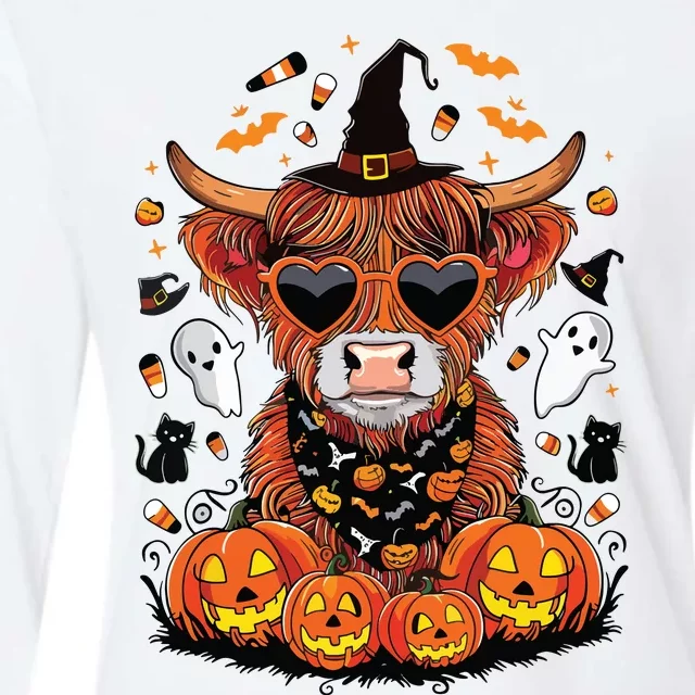 Halloween Highland Cow Farm Western Ghost Cow Witchy Pumpkin Womens Cotton Relaxed Long Sleeve T-Shirt