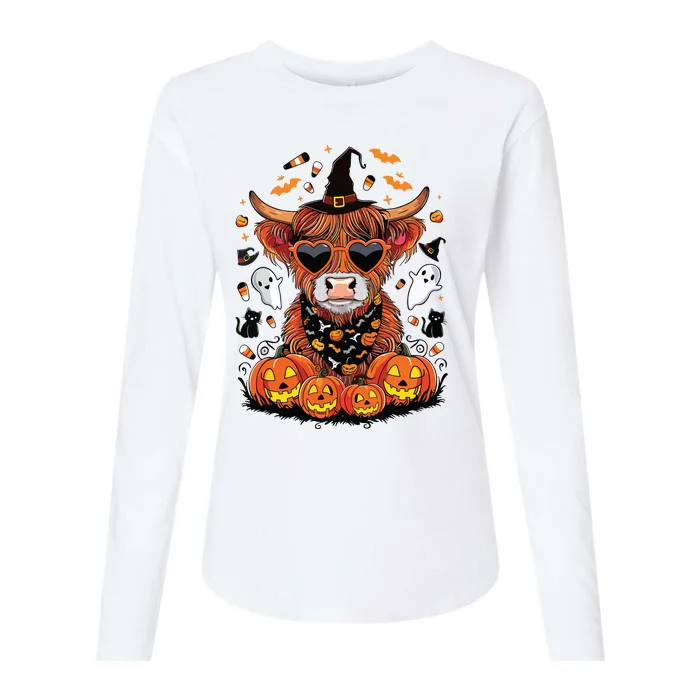 Halloween Highland Cow Farm Western Ghost Cow Witchy Pumpkin Womens Cotton Relaxed Long Sleeve T-Shirt