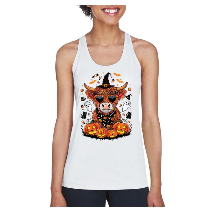 Halloween Highland Cow Farm Western Ghost Cow Witchy Pumpkin Women's Racerback Tank